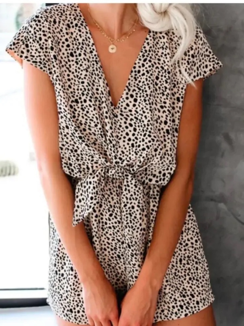 She + Sky Beige and Black Printed Romper - Picture 2 of 2